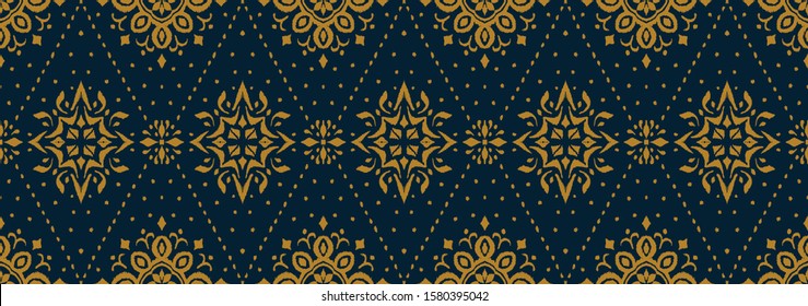 Ikat seamless pattern. Border with snowflakes. Openwork lace. New year Christmas background. Vector tie dye shibori print with stripes and chevron. Ink textured japanese background. Bohemian fashion. 
