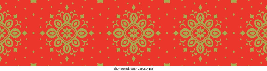 Ikat seamless pattern. Border with snowflakes. Openwork lace. New year Christmas background. Vector tie dye shibori print with stripes and chevron. Ink textured japanese background. Bohemian fashion. 