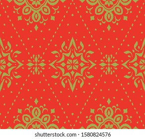 Ikat seamless pattern. Border with snowflakes. Openwork lace. New year Christmas background. Vector tie dye shibori print with stripes and chevron. Ink textured japanese background. Bohemian fashion. 