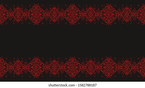 Ikat seamless pattern. Border with snowflakes. Openwork lace. New year Christmas background. Vector tie dye shibori print with stripes and chevron. Ink textured japanese background. Bohemian fashion. 