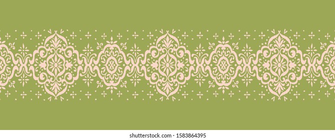 Ikat seamless pattern. Border with snowflakes. Openwork lace. New year Christmas background. Vector tie dye shibori print with stripes and chevron. Ink textured japanese background. Bohemian fashion. 