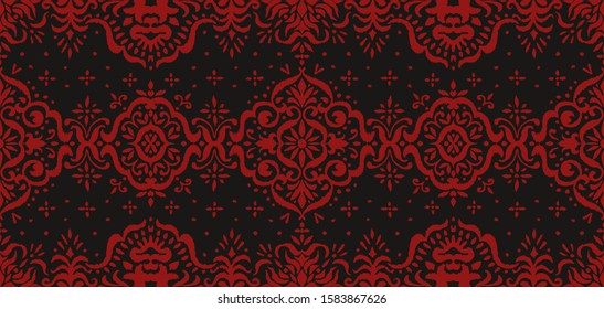 Ikat seamless pattern. Border with snowflakes. Openwork lace. New year Christmas background. Vector tie dye shibori print with stripes and chevron. Ink textured japanese background. Bohemian fashion. 