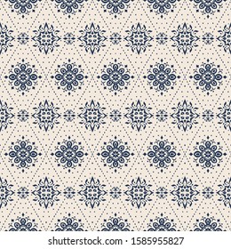 Ikat seamless pattern. Border with snowflakes. Openwork lace. New year Christmas background. Vector tie dye shibori print with stripes and chevron. Ink textured japanese background. Bohemian fashion. 