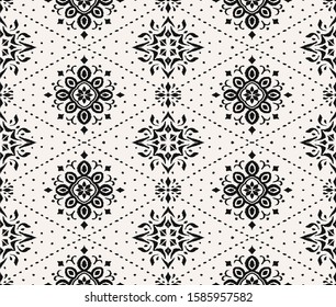 Ikat seamless pattern. Border with snowflakes. Openwork lace. New year Christmas background. Vector tie dye shibori print with stripes and chevron. Ink textured japanese background. Bohemian fashion. 