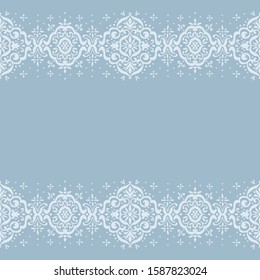 Ikat seamless pattern. Border with snowflakes. Openwork lace. New year Christmas background. Vector tie dye shibori print with stripes and chevron. Ink textured japanese background. Bohemian fashion. 