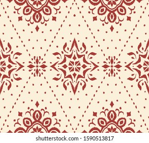 Ikat seamless pattern. Border with snowflakes. Openwork lace. New year Christmas background. Vector tie dye shibori print with stripes and chevron. Ink textured japanese background. Bohemian fashion. 
