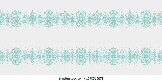 Ikat seamless pattern. Border with snowflakes. Openwork lace. New year Christmas background. Vector tie dye shibori print with stripes and chevron. Ink textured japanese background. Bohemian fashion. 