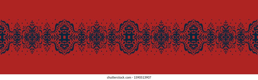 Ikat seamless pattern. Border with snowflakes. Openwork lace. New year Christmas background. Vector tie dye shibori print with stripes and chevron. Ink textured japanese background. Bohemian fashion. 