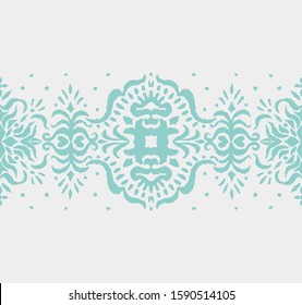Ikat seamless pattern. Border with snowflakes. Openwork lace. New year Christmas background. Vector tie dye shibori print with stripes and chevron. Ink textured japanese background. Bohemian fashion. 