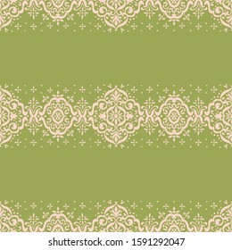 Ikat seamless pattern. Border with snowflakes. Openwork lace. New year Christmas background. Vector tie dye shibori print with stripes and chevron. Ink textured japanese background. Bohemian fashion. 