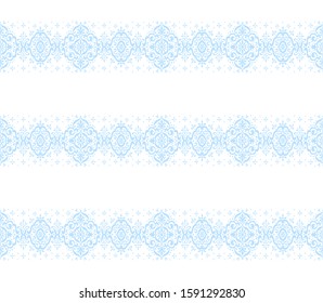 Ikat seamless pattern. Border with snowflakes. Openwork lace. New year Christmas background. Vector tie dye shibori print with stripes and chevron. Ink textured japanese background. Bohemian fashion. 