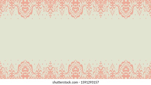 Ikat seamless pattern. Border with snowflakes. Openwork lace. New year Christmas background. Vector tie dye shibori print with stripes and chevron. Ink textured japanese background. Bohemian fashion. 