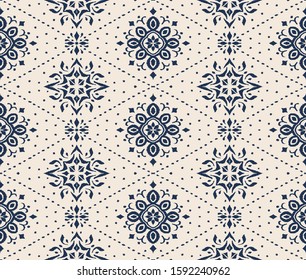 Ikat seamless pattern. Border with snowflakes. Openwork lace. New year Christmas background. Vector tie dye shibori print with stripes and chevron. Ink textured japanese background. Bohemian fashion. 