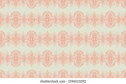 Ikat seamless pattern. Border with snowflakes. Openwork lace. New year Christmas background. Vector tie dye shibori print with stripes and chevron. Ink textured japanese background. Bohemian fashion. 