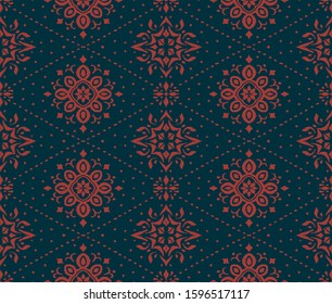 Ikat seamless pattern. Border with snowflakes. Openwork lace. New year Christmas background. Vector tie dye shibori print with stripes and chevron. Ink textured japanese background. Bohemian fashion. 