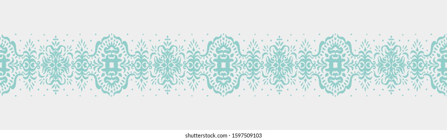 Ikat seamless pattern. Border with snowflakes. Openwork lace. New year Christmas background. Vector tie dye shibori print with stripes and chevron. Ink textured japanese background. Bohemian fashion. 