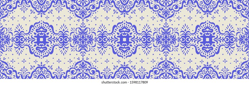 Ikat seamless pattern. Border with snowflakes. Openwork lace. New year Christmas background. Vector tie dye shibori print with stripes and chevron. Ink textured japanese background. Bohemian fashion. 