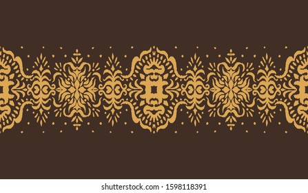 Ikat seamless pattern. Border with snowflakes. Openwork lace. New year Christmas background. Vector tie dye shibori print with stripes and chevron. Ink textured japanese background. Bohemian fashion. 