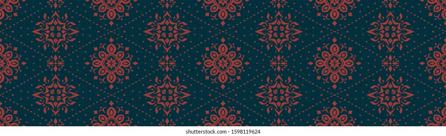Ikat seamless pattern. Border with snowflakes. Openwork lace. New year Christmas background. Vector tie dye shibori print with stripes and chevron. Ink textured japanese background. Bohemian fashion. 