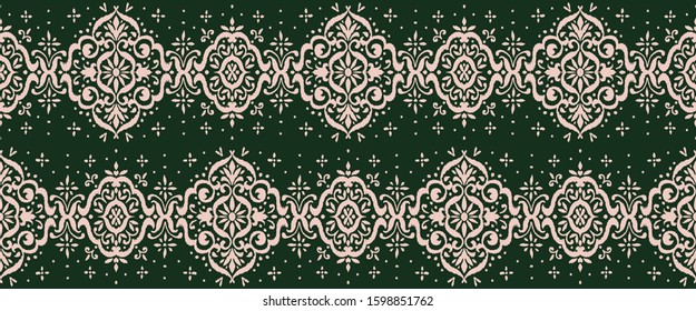 Ikat seamless pattern. Border with snowflakes. Openwork lace. New year Christmas background. Vector tie dye shibori print with stripes and chevron. Ink textured japanese background. Bohemian fashion. 