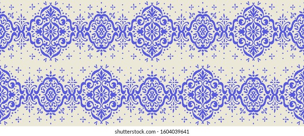 Ikat seamless pattern. Border with snowflakes. Openwork lace. New year Christmas background. Vector tie dye shibori print with stripes and chevron. Ink textured japanese background. Bohemian fashion. 