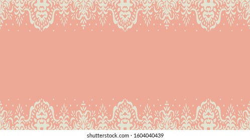 Ikat seamless pattern. Border with snowflakes. Openwork lace. New year Christmas background. Vector tie dye shibori print with stripes and chevron. Ink textured japanese background. Bohemian fashion. 