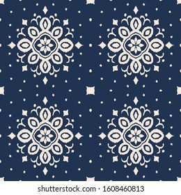Ikat seamless pattern. Border with snowflakes. Openwork lace. New year Christmas background. Vector tie dye shibori print with stripes and chevron. Ink textured japanese background. Bohemian fashion. 