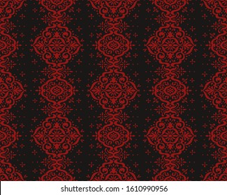 Ikat seamless pattern. Border with snowflakes. Openwork lace. New year Christmas background. Vector tie dye shibori print with stripes and chevron. Ink textured japanese background. Bohemian fashion. 
