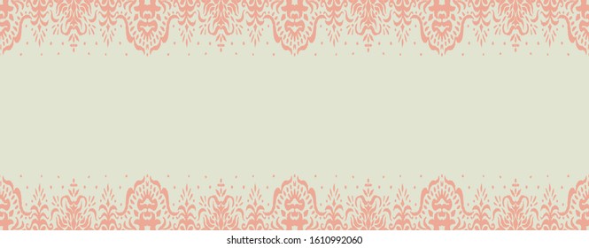Ikat seamless pattern. Border with snowflakes. Openwork lace. New year Christmas background. Vector tie dye shibori print with stripes and chevron. Ink textured japanese background. Bohemian fashion. 