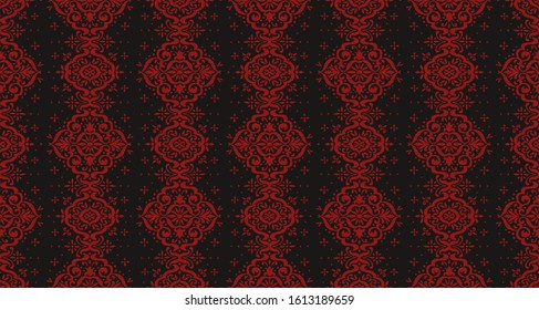 Ikat seamless pattern. Border with snowflakes. Openwork lace. New year Christmas background. Vector tie dye shibori print with stripes and chevron. Ink textured japanese background. Bohemian fashion. 