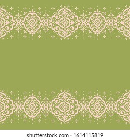 Ikat seamless pattern. Border with snowflakes. Openwork lace. New year Christmas background. Vector tie dye shibori print with stripes and chevron. Ink textured japanese background. Bohemian fashion. 