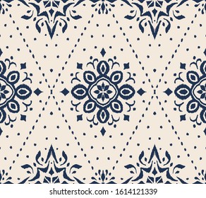 Ikat seamless pattern. Border with snowflakes. Openwork lace. New year Christmas background. Vector tie dye shibori print with stripes and chevron. Ink textured japanese background. Bohemian fashion. 