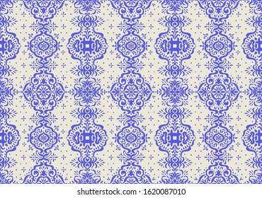 Ikat seamless pattern. Border with snowflakes. Openwork lace. New year Christmas background. Vector tie dye shibori print with stripes and chevron. Ink textured japanese background. Bohemian fashion. 
