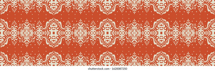 Ikat seamless pattern. Border with snowflakes. Openwork lace. New year Christmas background. Vector tie dye shibori print with stripes and chevron. Ink textured japanese background. Bohemian fashion. 