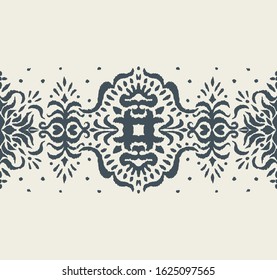 Ikat seamless pattern. Border with snowflakes. Openwork lace. New year Christmas background. Vector tie dye shibori print with stripes and chevron. Ink textured japanese background. Bohemian fashion. 