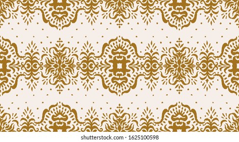 Ikat seamless pattern. Border with snowflakes. Openwork lace. New year Christmas background. Vector tie dye shibori print with stripes and chevron. Ink textured japanese background. Bohemian fashion. 