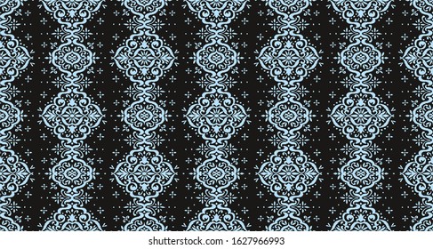 Ikat seamless pattern. Border with snowflakes. Openwork lace. New year Christmas background. Vector tie dye shibori print with stripes and chevron. Ink textured japanese background. Bohemian fashion. 