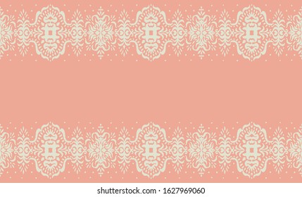Ikat seamless pattern. Border with snowflakes. Openwork lace. New year Christmas background. Vector tie dye shibori print with stripes and chevron. Ink textured japanese background. Bohemian fashion. 