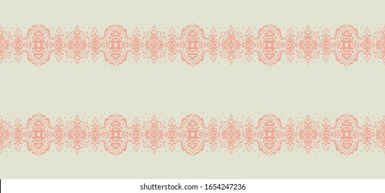 Ikat seamless pattern. Border with snowflakes. Openwork lace. New year Christmas background. Vector tie dye shibori print with stripes and chevron. Ink textured japanese background. Bohemian fashion. 