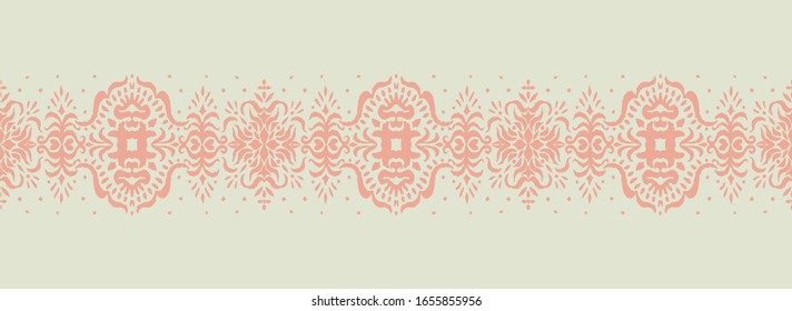 Ikat seamless pattern. Border with snowflakes. Openwork lace. New year Christmas background. Vector tie dye shibori print with stripes and chevron. Ink textured japanese background. Bohemian fashion. 