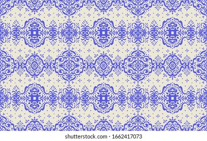 Ikat seamless pattern. Border with snowflakes. Openwork lace. New year Christmas background. Vector tie dye shibori print with stripes and chevron. Ink textured japanese background. Bohemian fashion. 