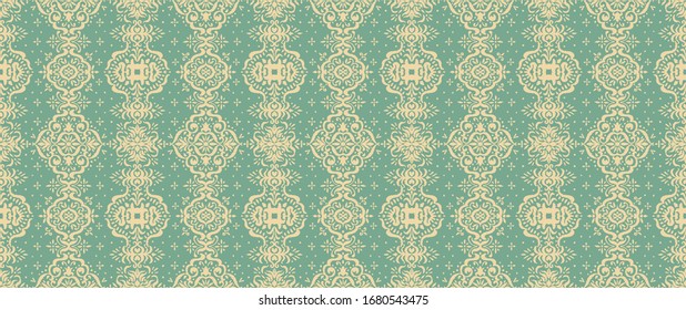 Ikat seamless pattern. Border with snowflakes. Openwork lace. New year Christmas background. Vector tie dye shibori print with stripes and chevron. Ink textured japanese background. Bohemian fashion. 