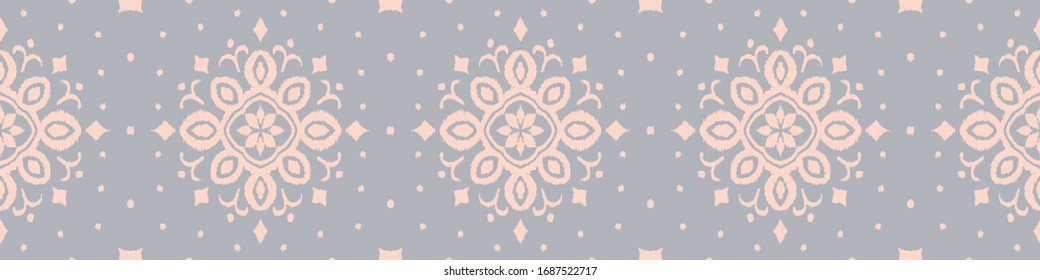 Ikat seamless pattern. Border with snowflakes. Openwork lace. New year Christmas background. Vector tie dye shibori print with stripes and chevron. Ink textured japanese background. Bohemian fashion. 
