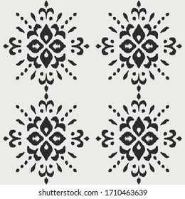 Ikat seamless pattern. Border with snowflakes. Openwork lace. New year Christmas background. Vector tie dye shibori print with stripes and chevron. Ink textured japanese background. Bohemian fashion. 