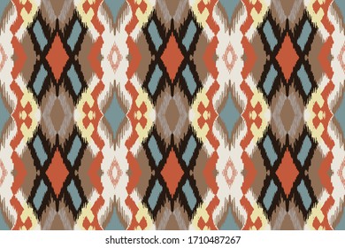 Ikat seamless pattern. Border with snowflakes. Openwork lace. New year Christmas background. Vector tie dye shibori print with stripes and chevron. Ink textured japanese background. Bohemian fashion. 