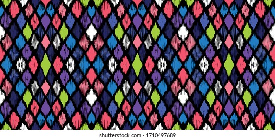 Ikat seamless pattern. Border with snowflakes. Openwork lace. New year Christmas background. Vector tie dye shibori print with stripes and chevron. Ink textured japanese background. Bohemian fashion. 