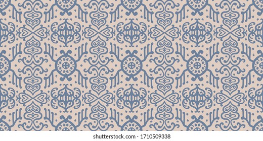 Ikat seamless pattern. Border with snowflakes. Openwork lace. New year Christmas background. Vector tie dye shibori print with stripes and chevron. Ink textured japanese background. Bohemian fashion. 