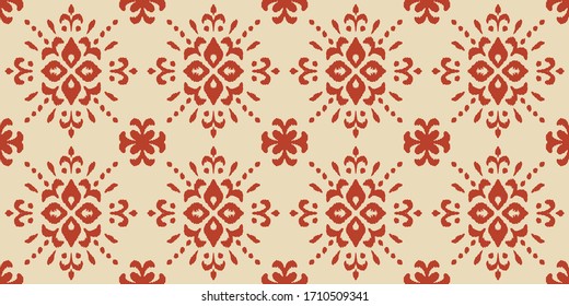 Ikat seamless pattern. Border with snowflakes. Openwork lace. New year Christmas background. Vector tie dye shibori print with stripes and chevron. Ink textured japanese background. Bohemian fashion. 