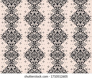 Ikat seamless pattern. Border with snowflakes. Openwork lace. New year Christmas background. Vector tie dye shibori print with stripes and chevron. Ink textured japanese background. Bohemian fashion. 