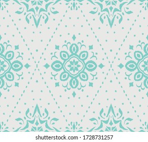 Ikat seamless pattern. Border with snowflakes. Openwork lace. New year Christmas background. Vector tie dye shibori print with stripes and chevron. Ink textured japanese background. Bohemian fashion. 